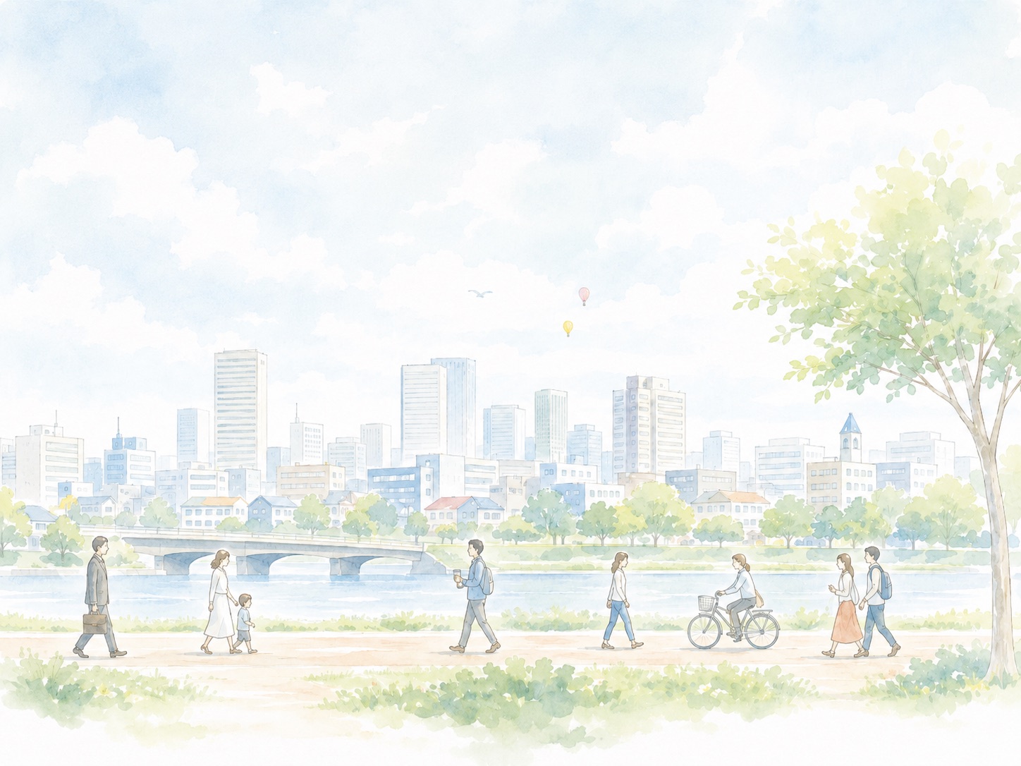 川沿いの遊歩道と街並み、行き交う人々を描いたやわらかな水彩イラスト